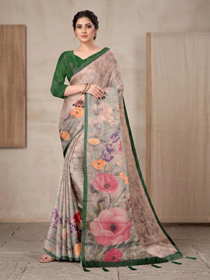 Peachmode Grey Digital Printed Tissue Cotton Saree - Image 1