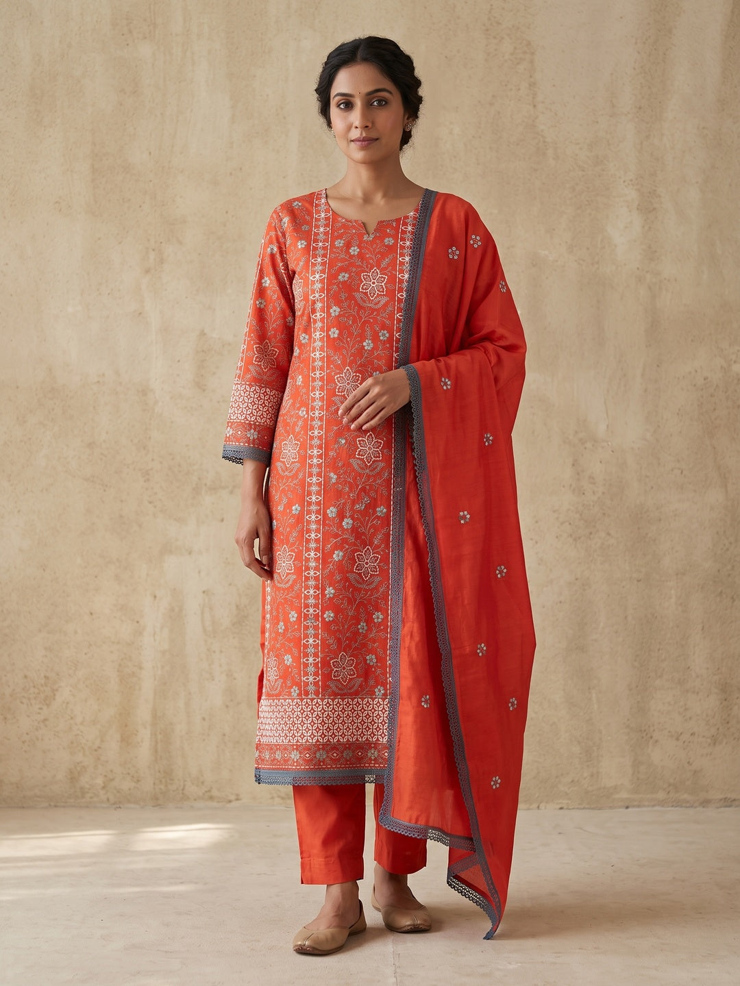 Orange Floral Embroidered Pure Cotton Dress Material - Image 2