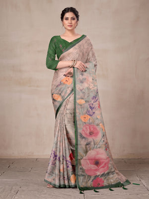 Peachmode Grey Digital Printed Tissue Cotton Saree - Image 2