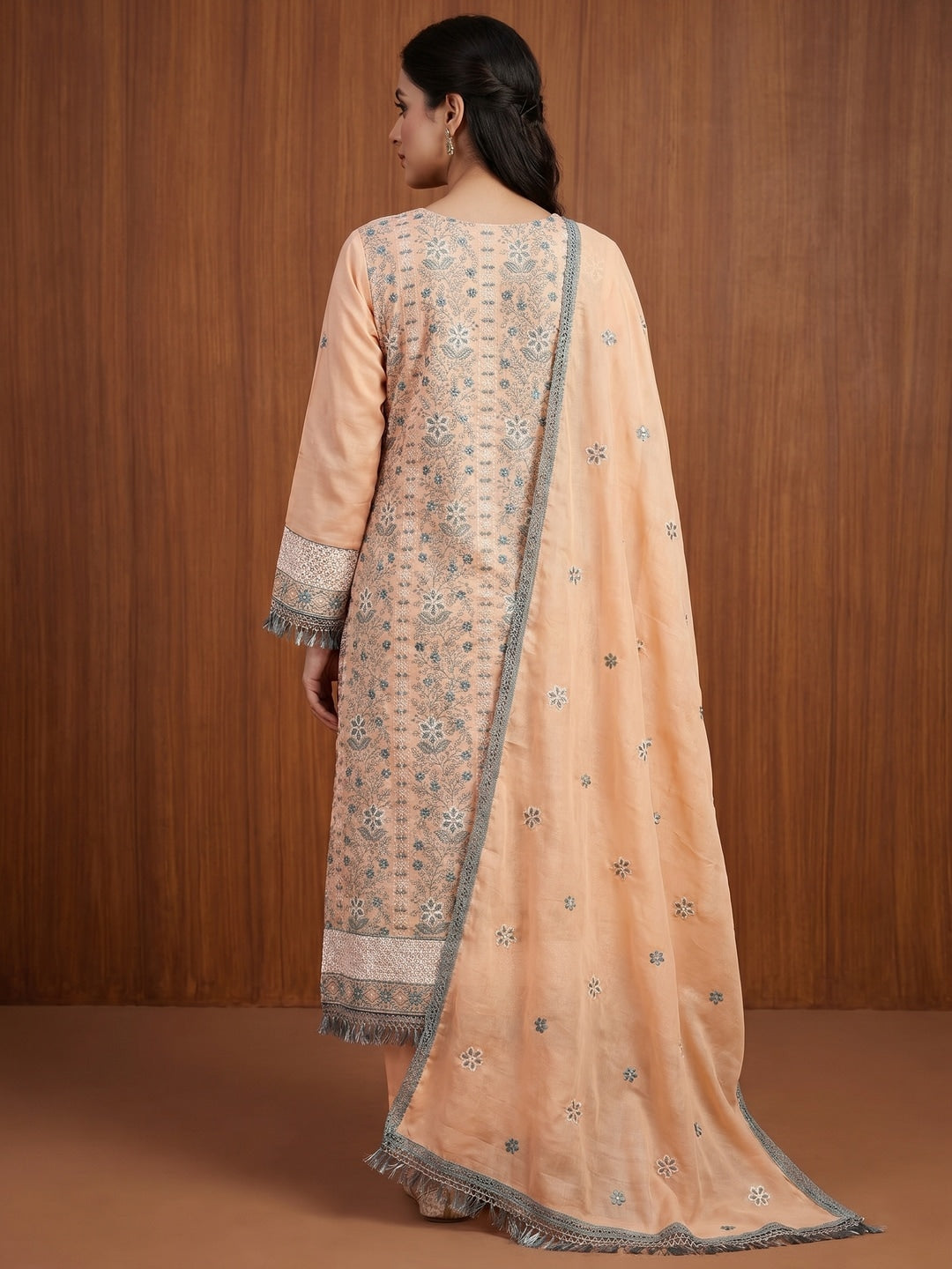 Peach Floral Embroidered Pure Cotton Dress Material - Image 2