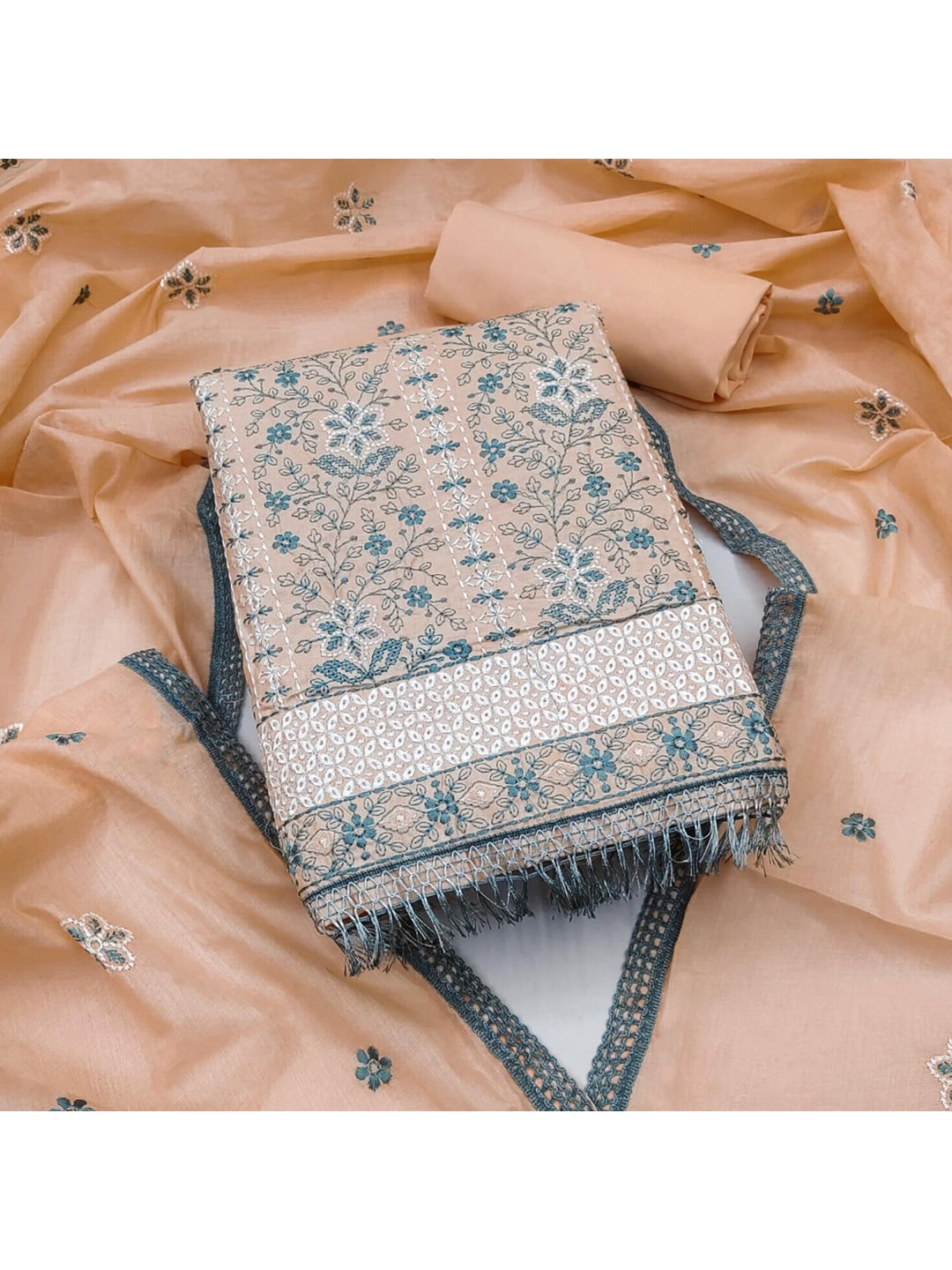 Peach Floral Embroidered Pure Cotton Dress Material - Image 5