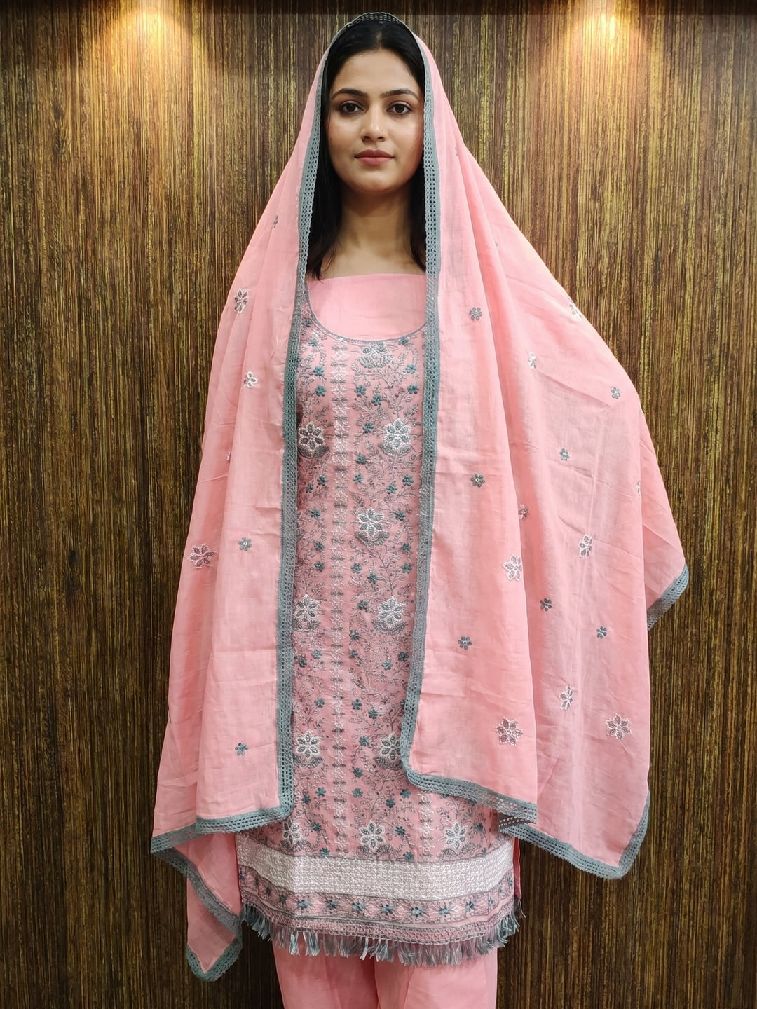 Pink Floral Embroidered Pure Cotton Dress Material - Image 1