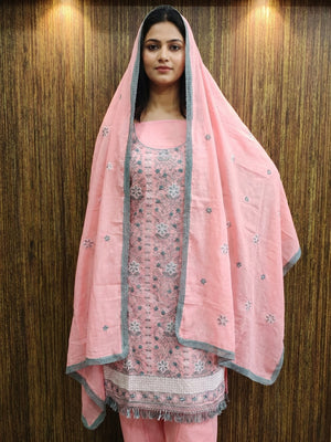 Pink Floral Embroidered Pure Cotton Dress Material - Image 1