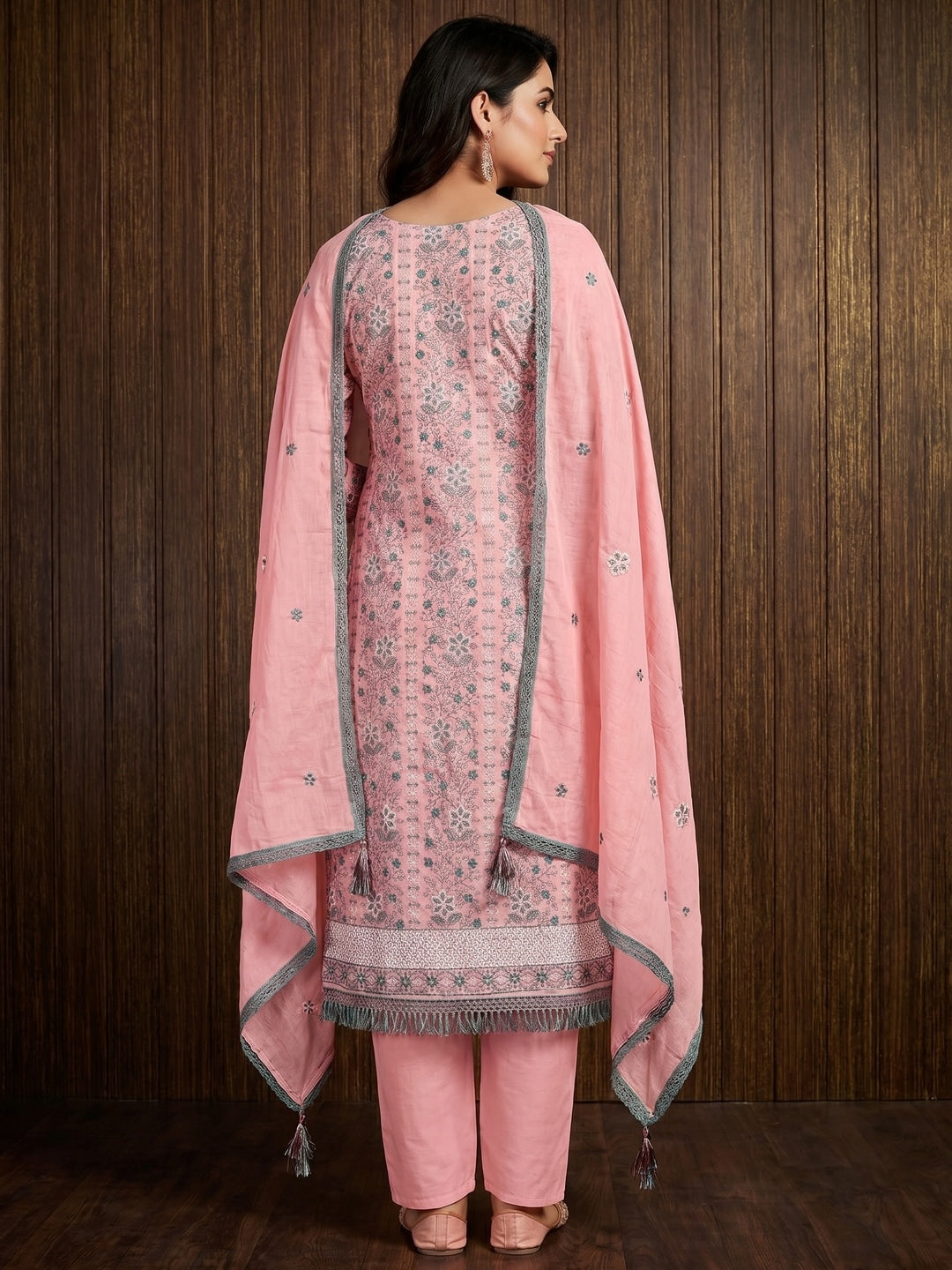 Pink Floral Embroidered Pure Cotton Dress Material - Image 2