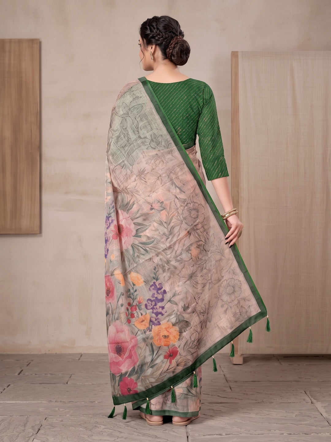 Peachmode Grey Digital Printed Tissue Cotton Saree - Image 3
