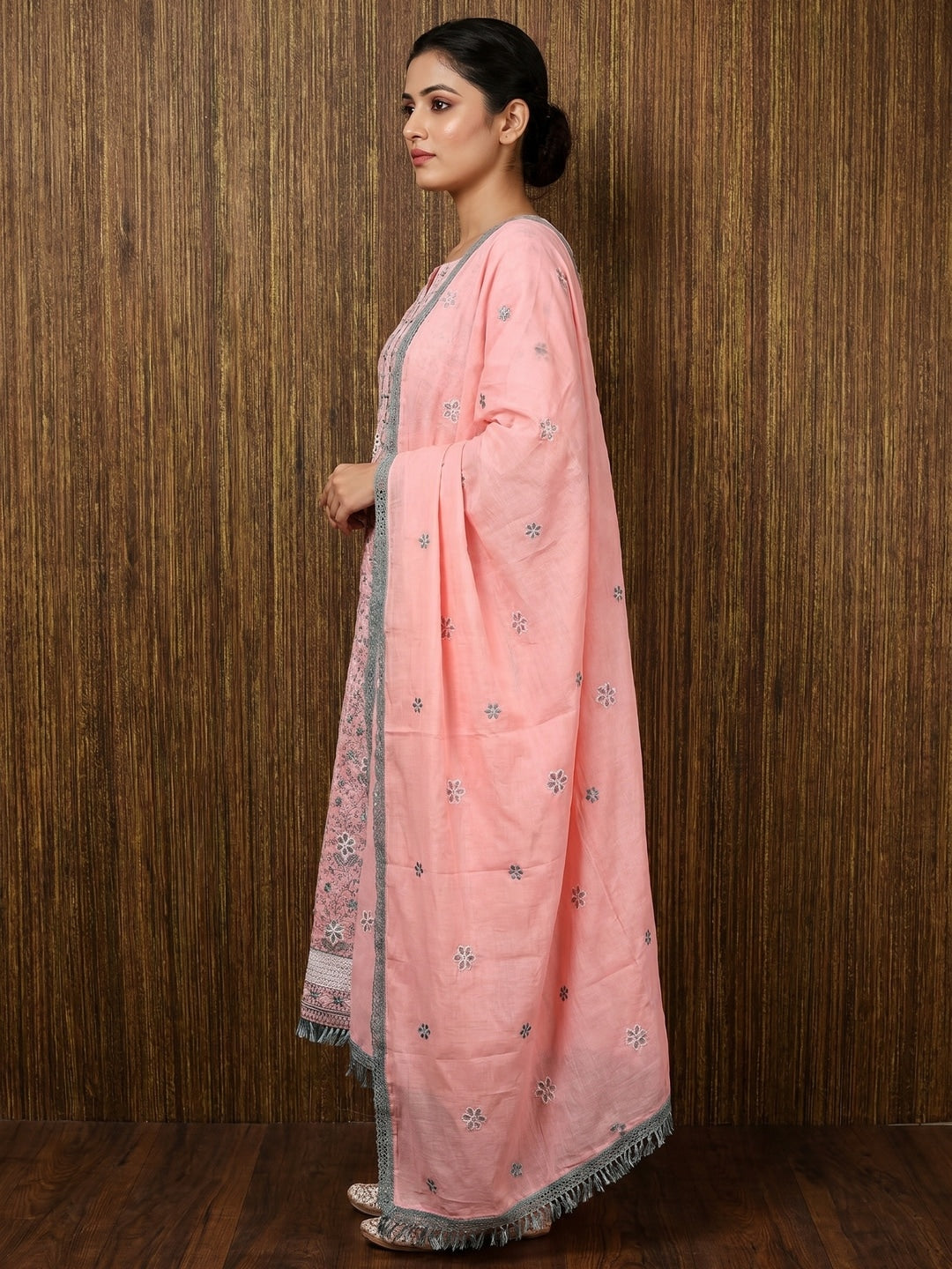 Pink Floral Embroidered Pure Cotton Dress Material - Image 3