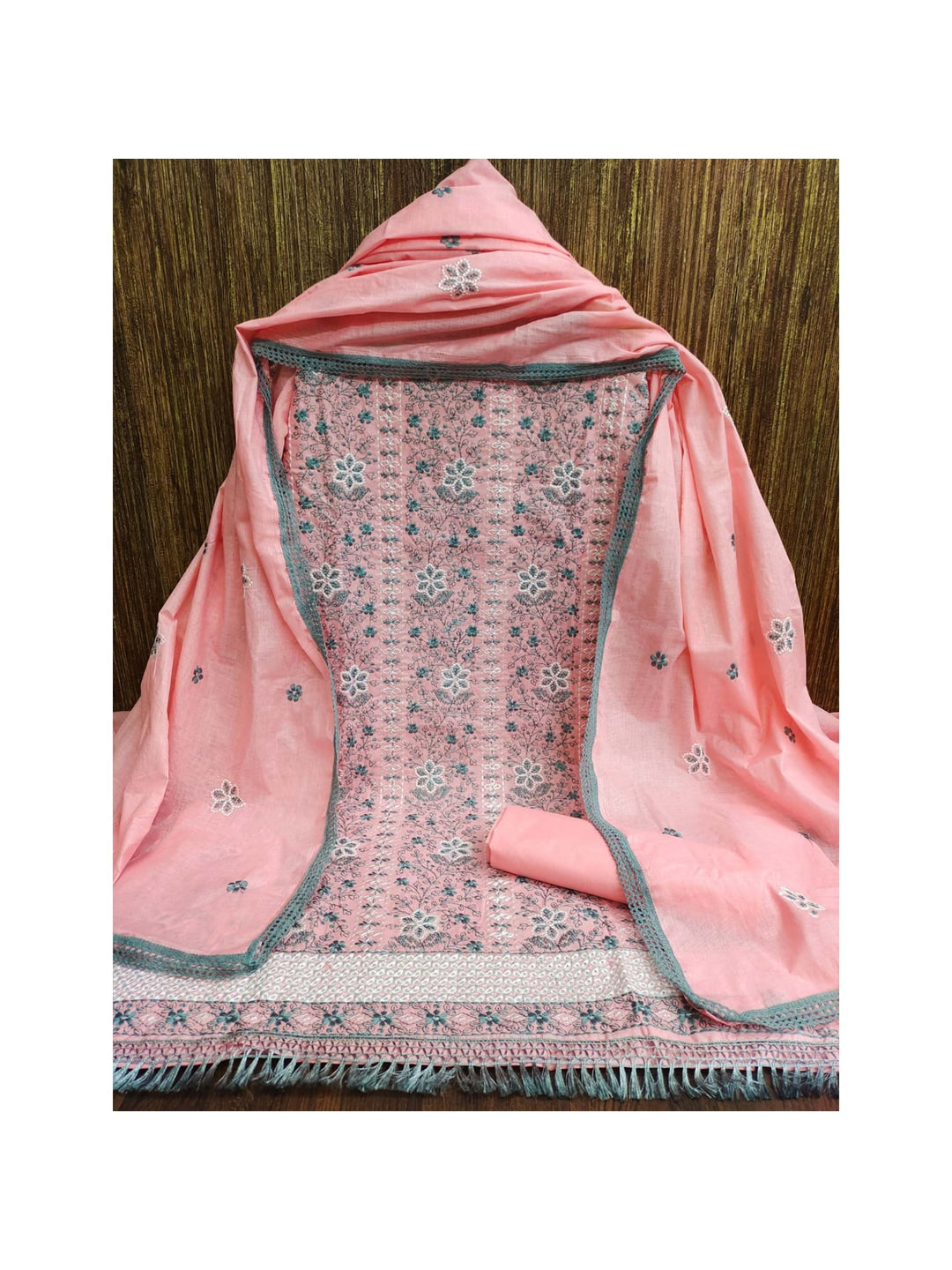 Pink Floral Embroidered Pure Cotton Dress Material - Image 3