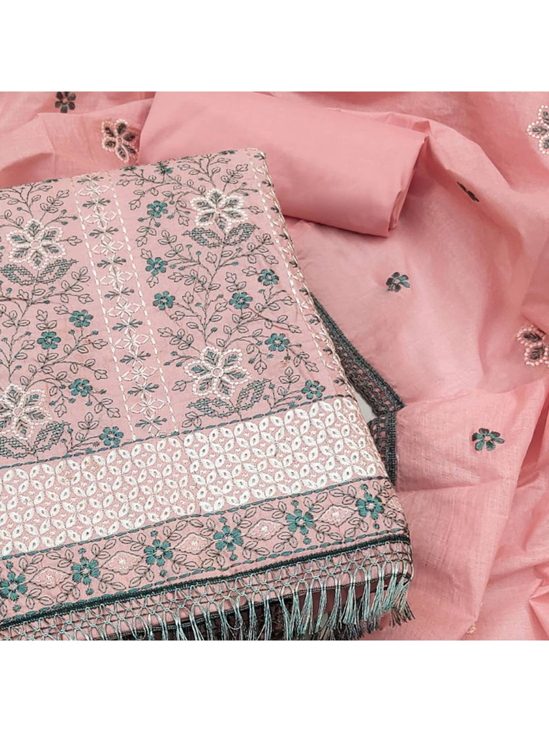 Pink Floral Embroidered Pure Cotton Dress Material - Image 5