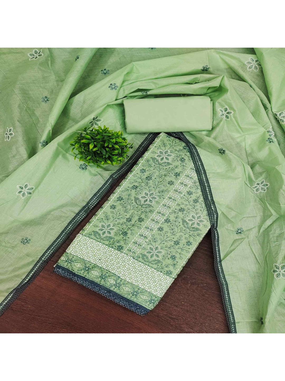 Pista Green Floral Embroidered Pure Cotton Dress Material - Image 3