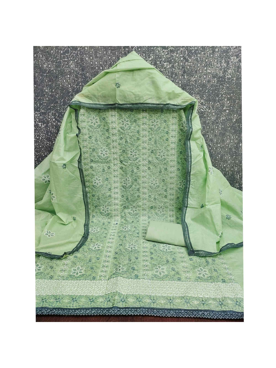 Pista Green Floral Embroidered Pure Cotton Dress Material - Image 4
