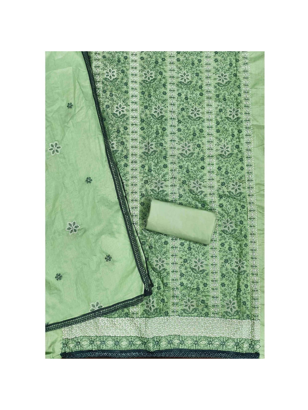 Pista Green Floral Embroidered Pure Cotton Dress Material - Image 5