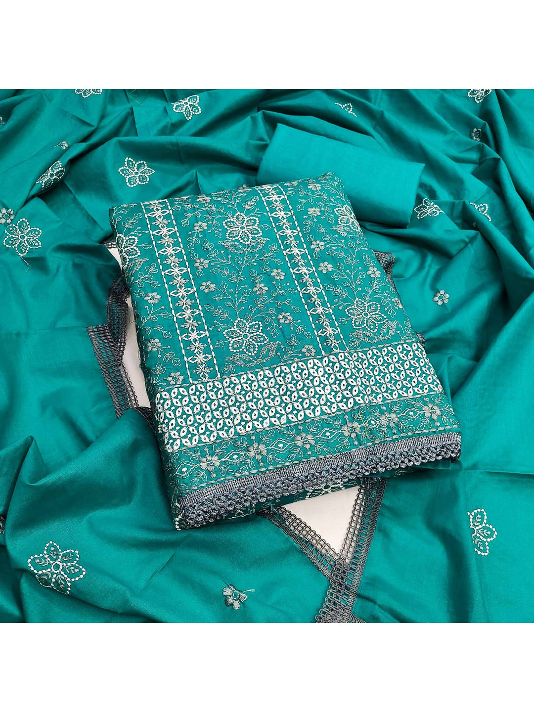 Rama Blue Floral Embroidered Pure Cotton Dress Material - Image 4