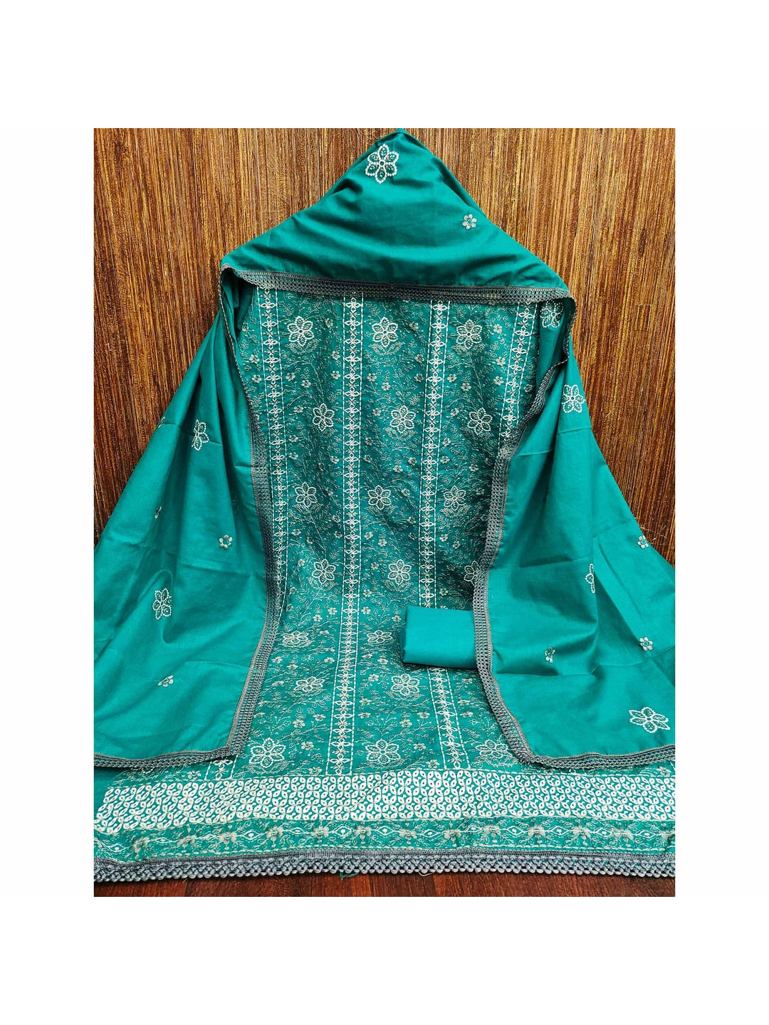 Rama Blue Floral Embroidered Pure Cotton Dress Material - Image 5