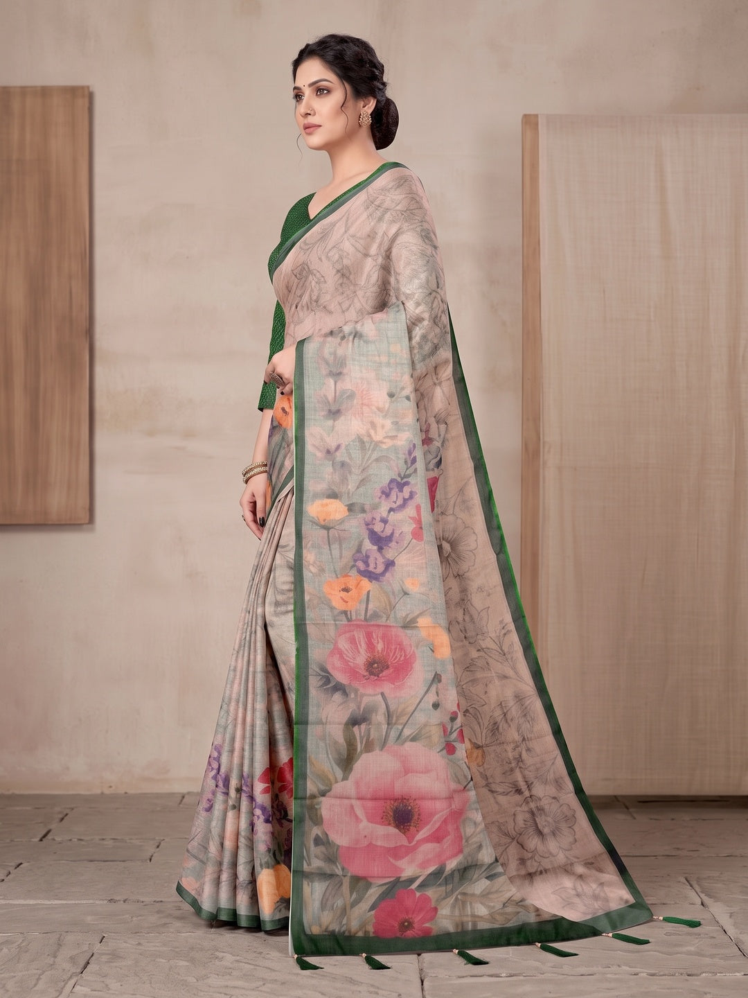 Peachmode Grey Digital Printed Tissue Cotton Saree - Image 4