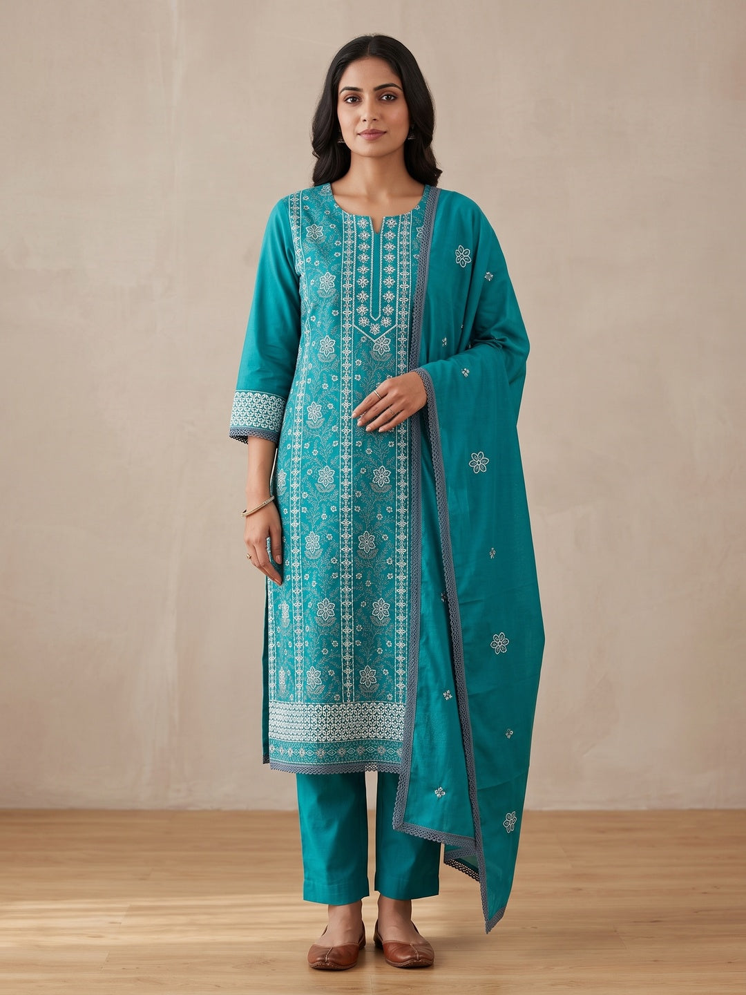 Rama Blue Floral Embroidered Pure Cotton Dress Material - Image 1