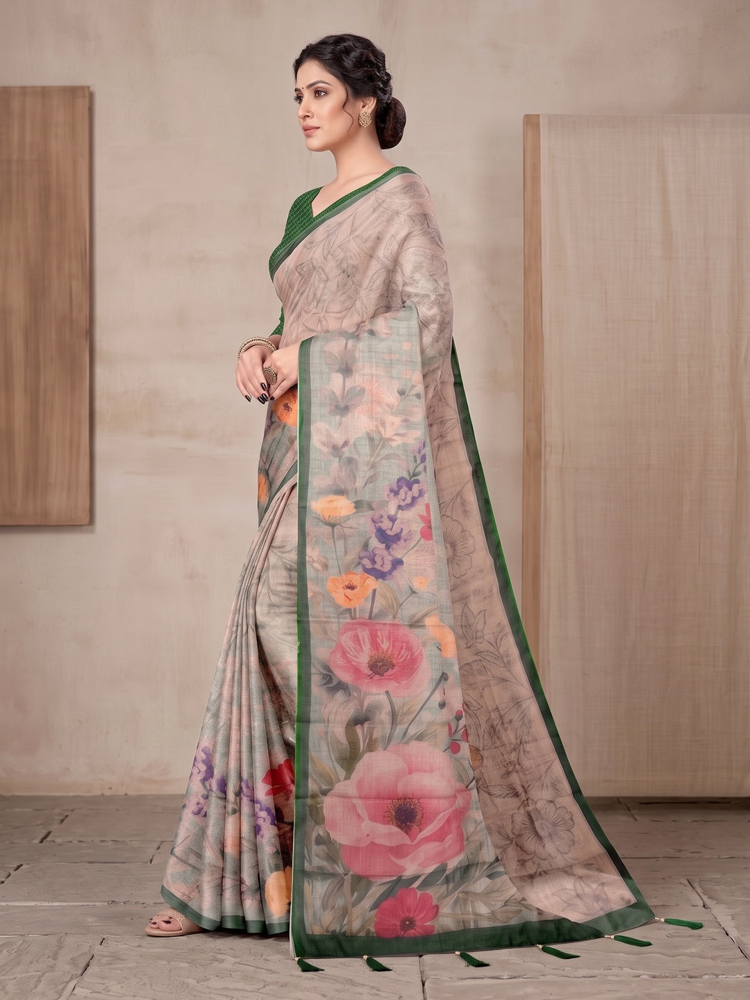 Peachmode Grey Digital Printed Tissue Cotton Saree - Image 5
