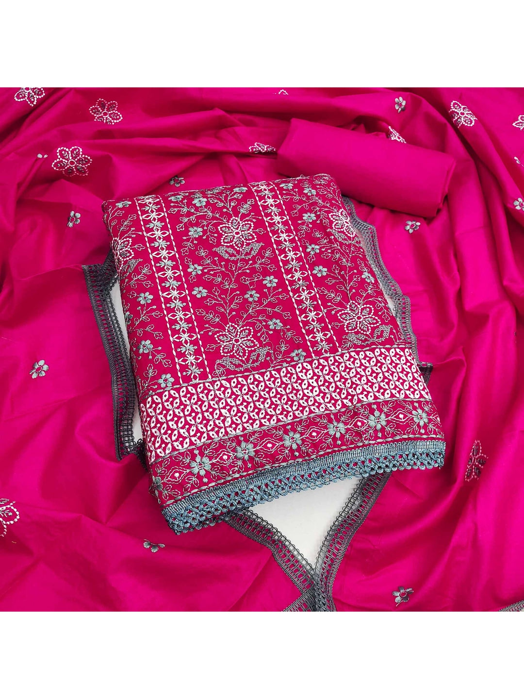 Rani Pink Floral Embroidered Pure Cotton Dress Material - Image 2