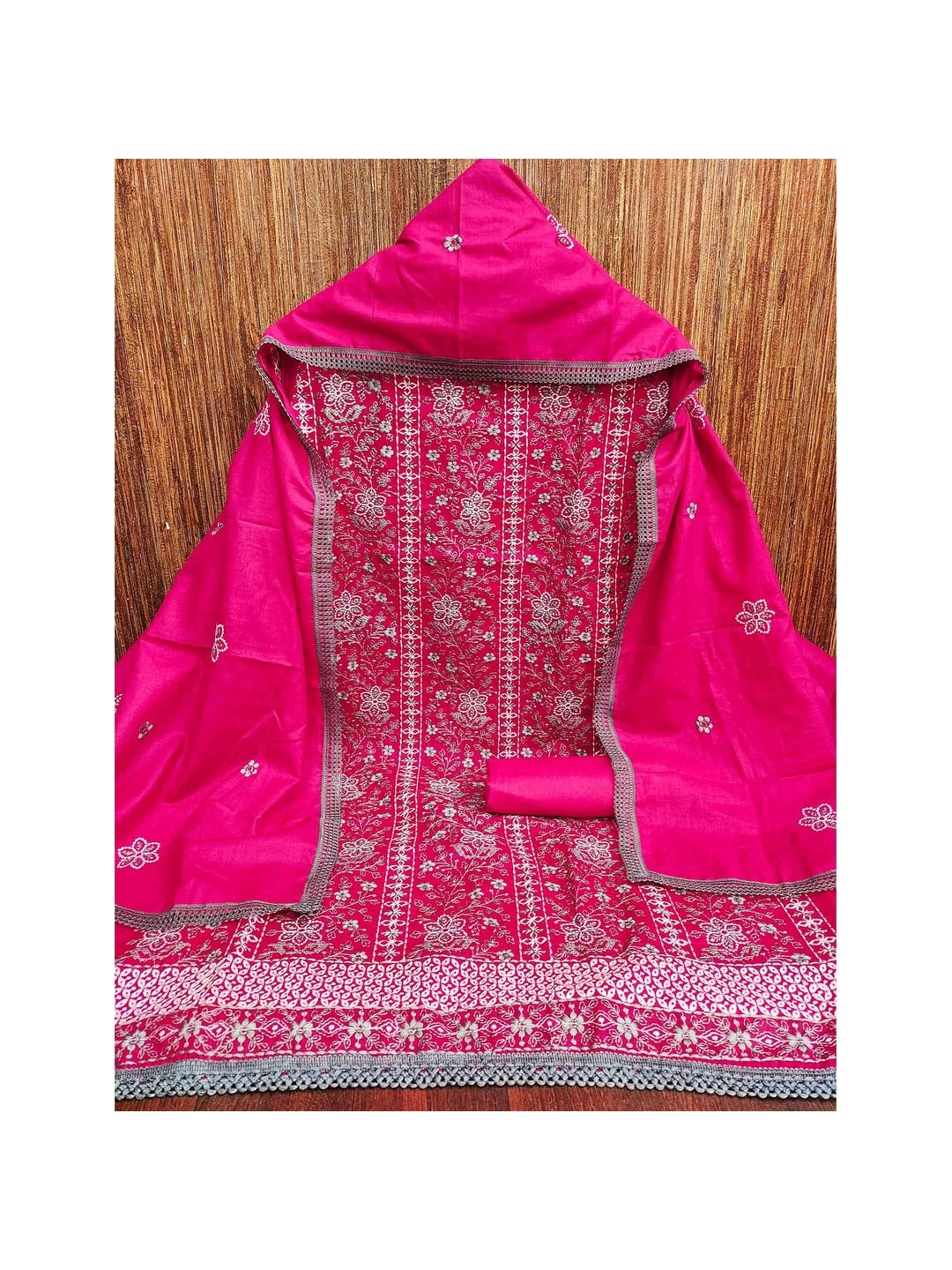 Rani Pink Floral Embroidered Pure Cotton Dress Material - Image 3