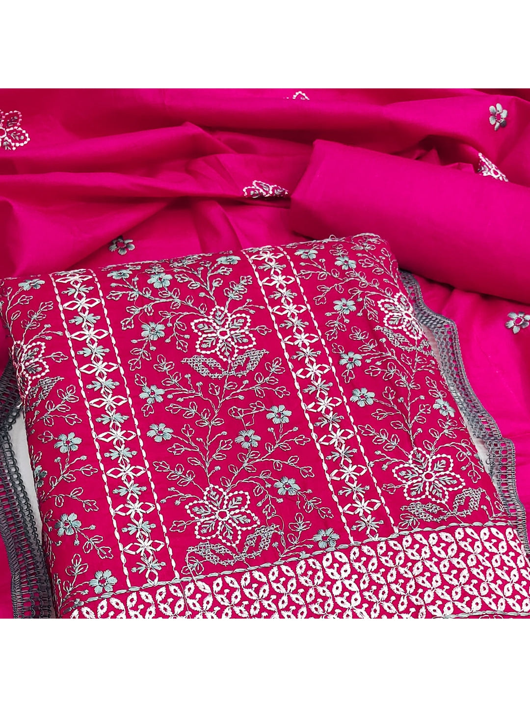 Rani Pink Floral Embroidered Pure Cotton Dress Material - Image 4
