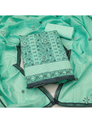 Sea Green Cotton Suit Fabric with Embroidered Floral Patterns - Image 1