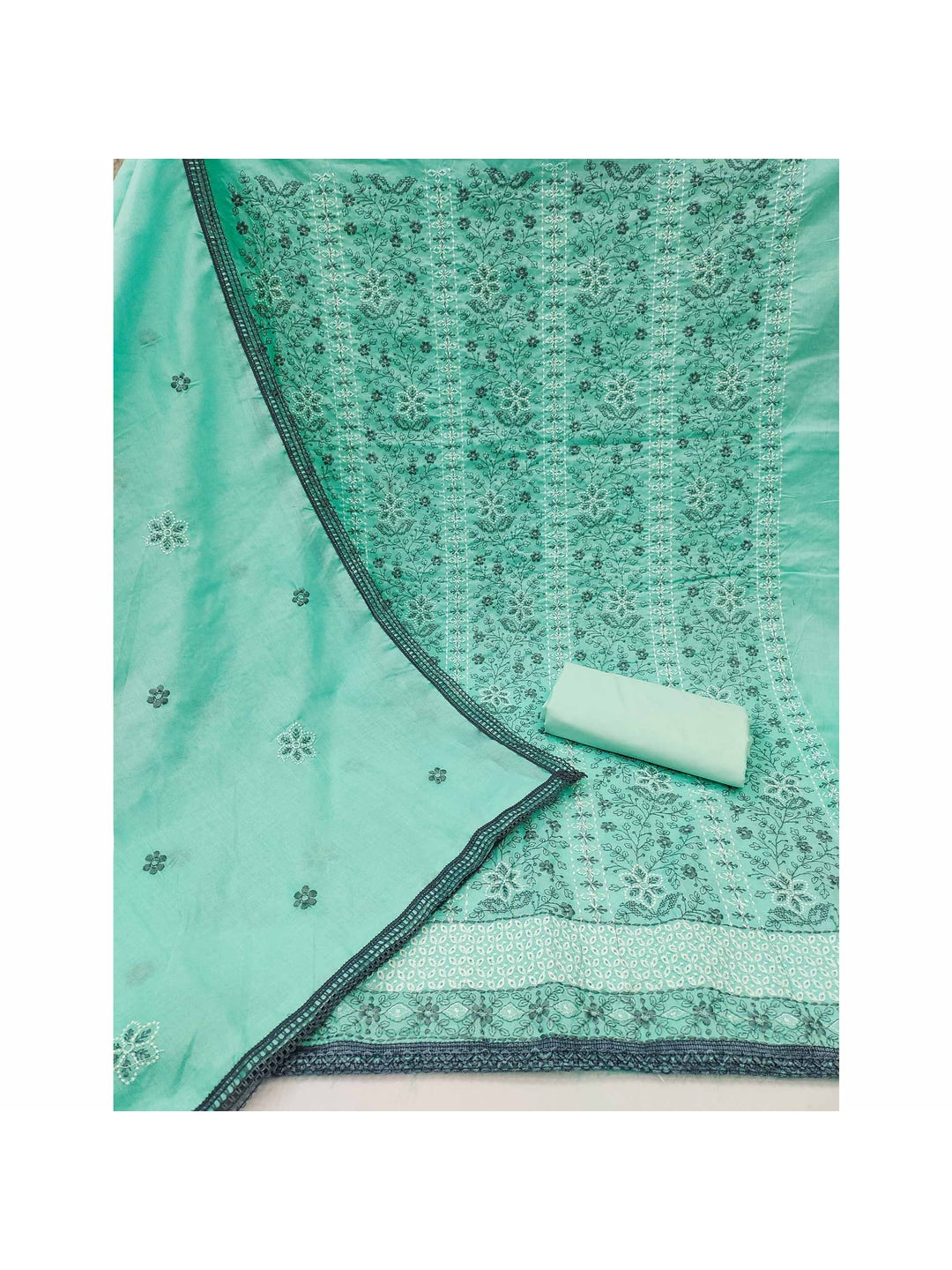 Sea Green Cotton Suit Fabric with Embroidered Floral Patterns - Image 3