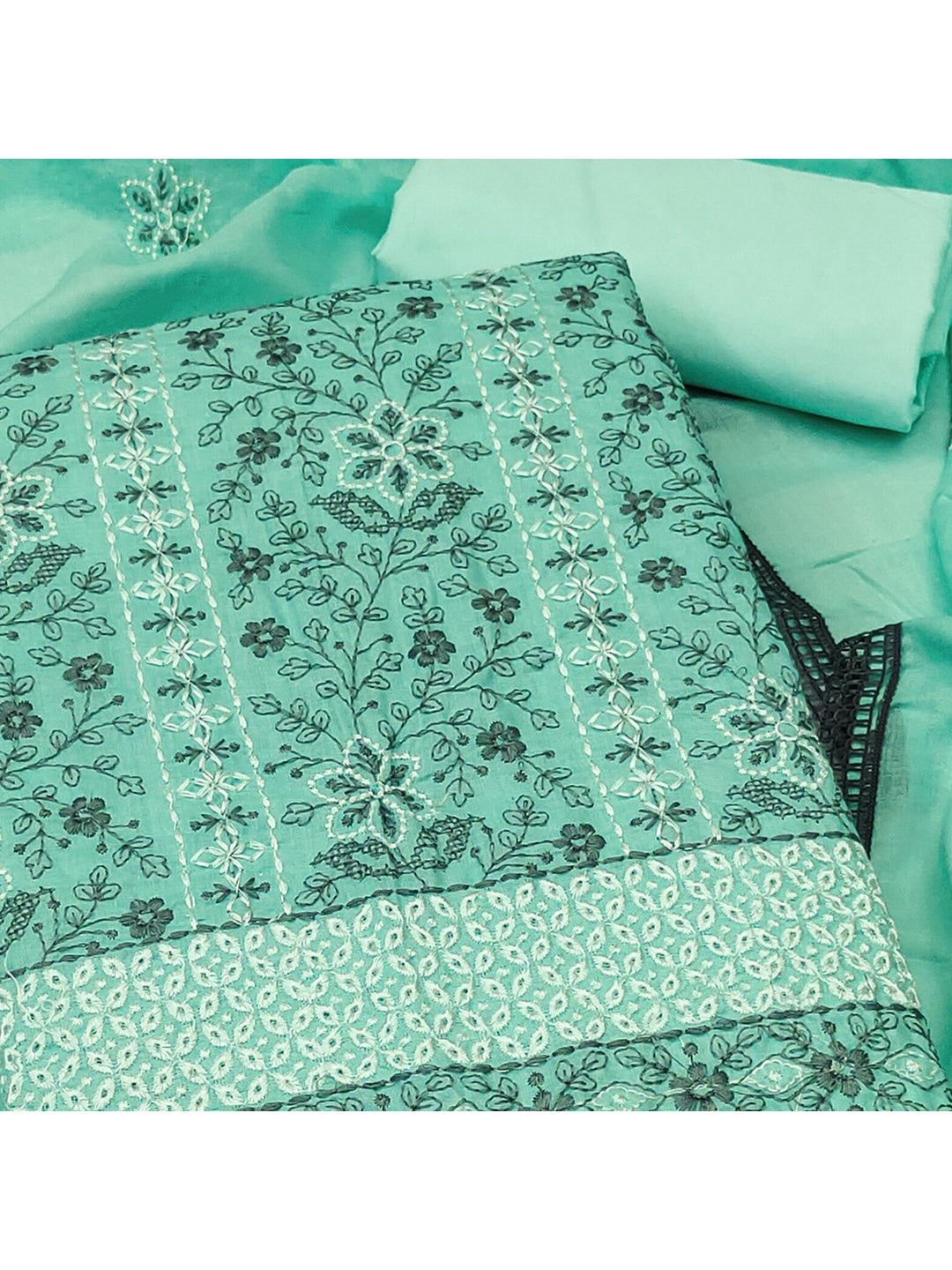 Sea Green Cotton Suit Fabric with Embroidered Floral Patterns - Image 4