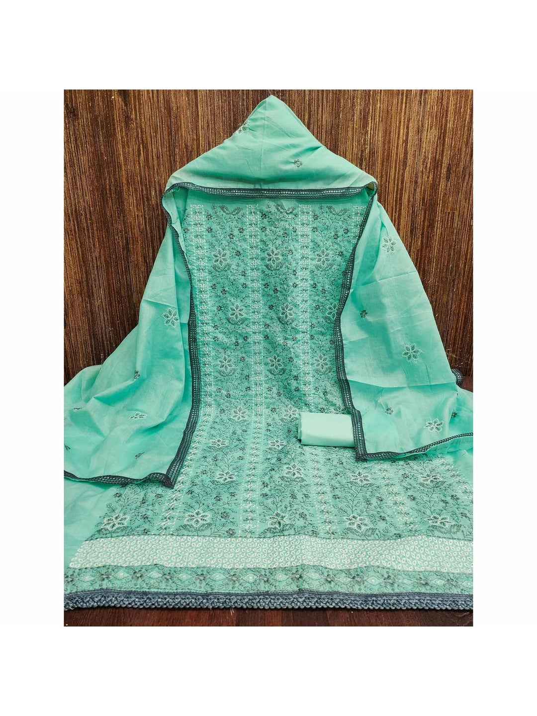 Sea Green Cotton Suit Fabric with Embroidered Floral Patterns - Image 5