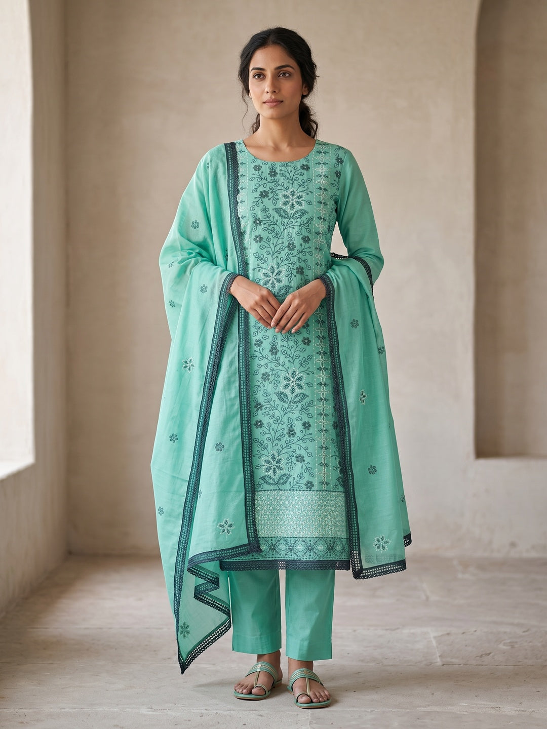 Sea Green Cotton Suit Fabric with Embroidered Floral Patterns - Image 2