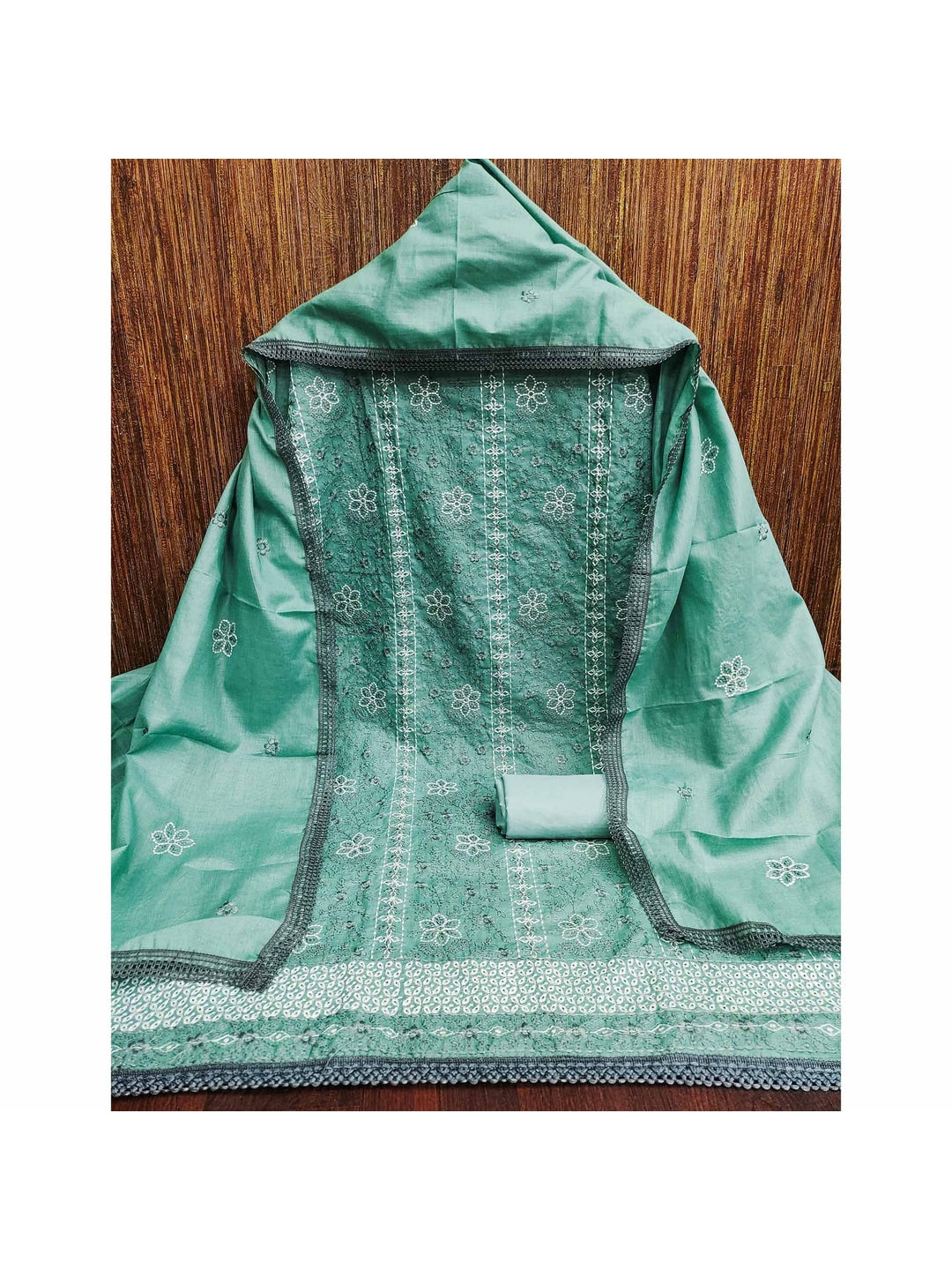 Turquoise Floral Embroidered Pure Cotton Dress Material - Image 3