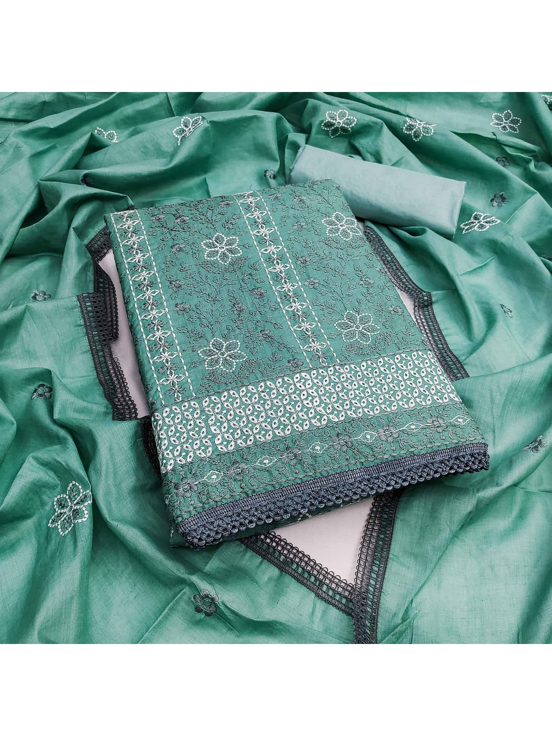 Turquoise Floral Embroidered Pure Cotton Dress Material - Image 5