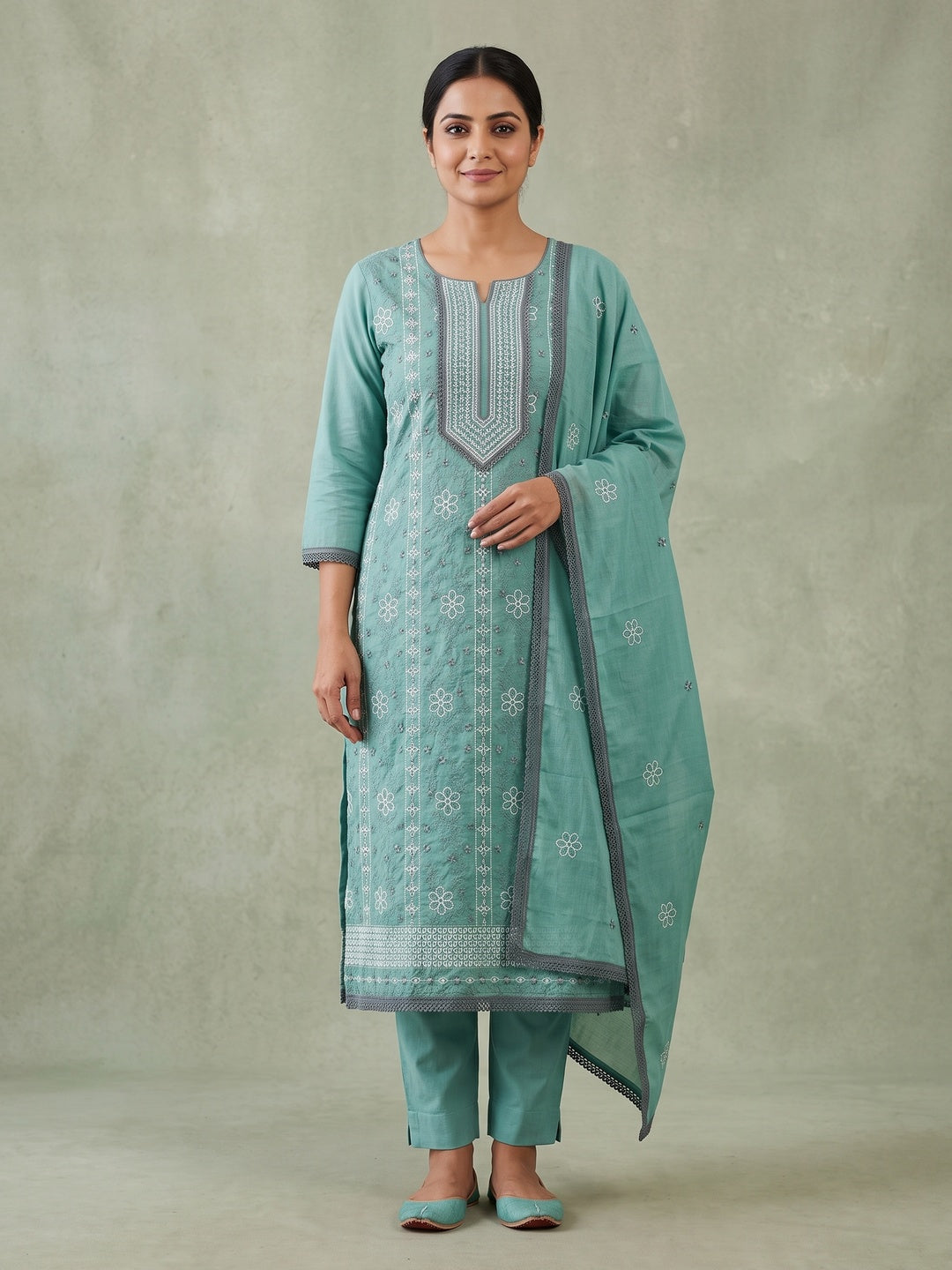 Turquoise Floral Embroidered Pure Cotton Dress Material - Image 1