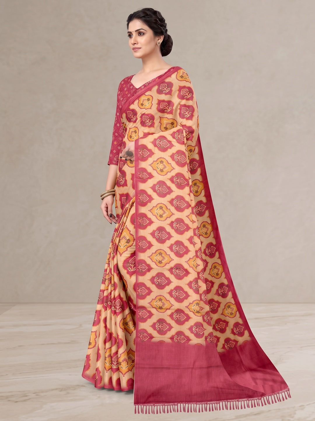 Peachmode Pink Digital Printed Tissue Cotton Saree - Image 5