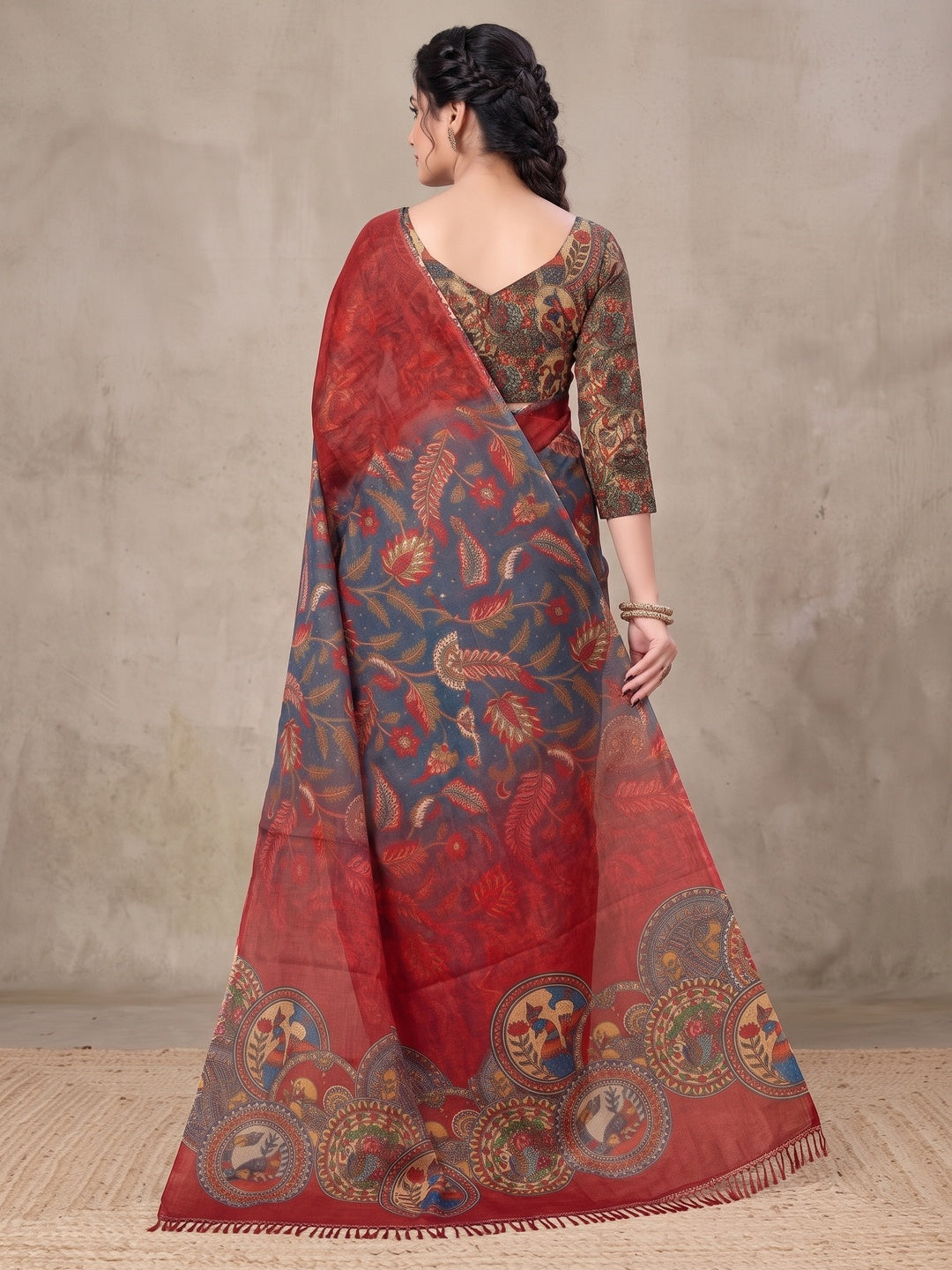 Peachmode Navy Blue Digital Printed Tissue Cotton Saree - Image 3
