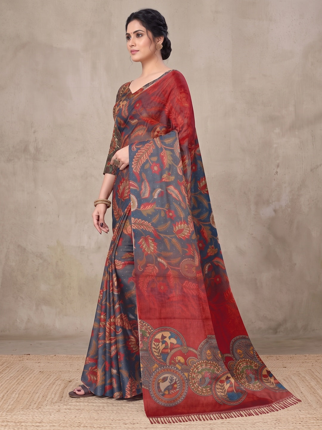 Peachmode Navy Blue Digital Printed Tissue Cotton Saree - Image 4