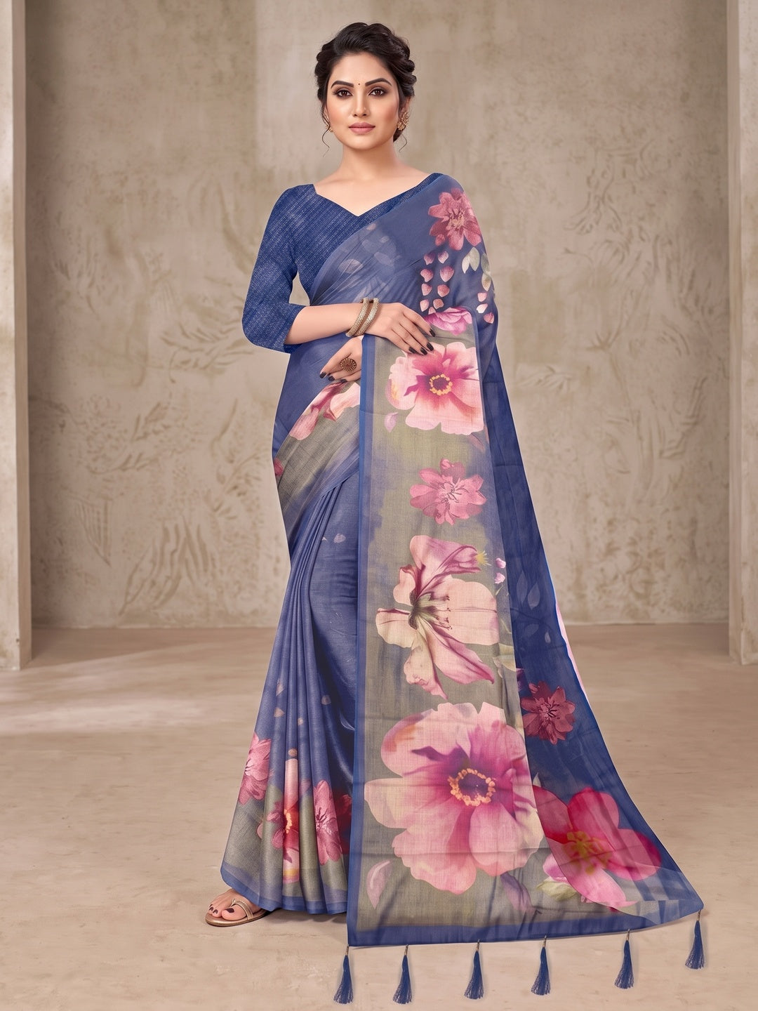 Peachmode Blue Digital Printed Tissue Cotton Saree - Image 2