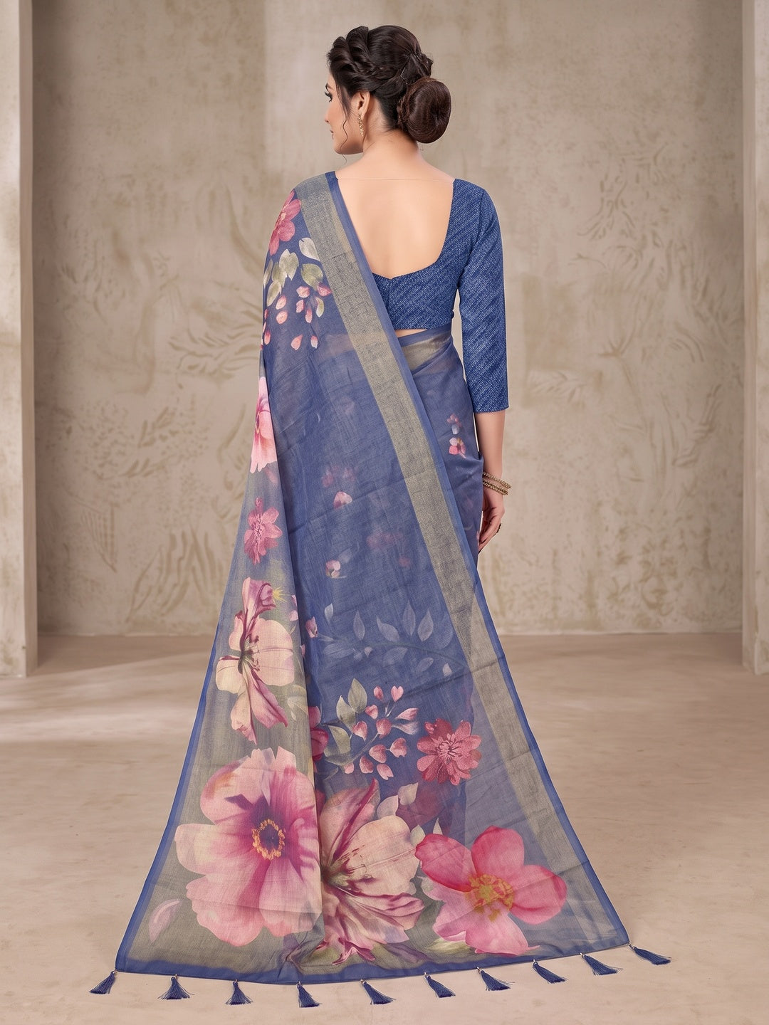 Peachmode Blue Digital Printed Tissue Cotton Saree - Image 3