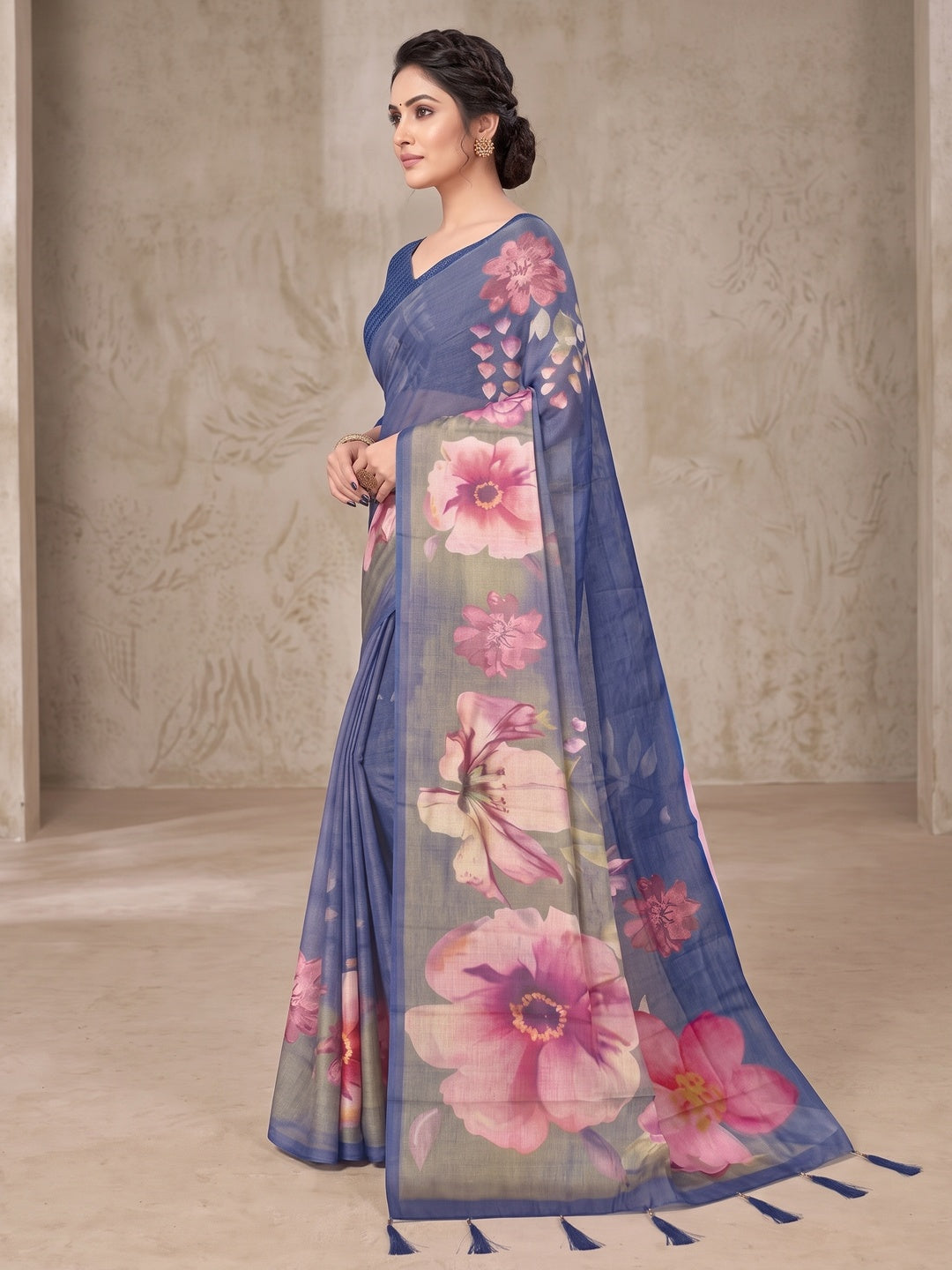 Peachmode Blue Digital Printed Tissue Cotton Saree - Image 4
