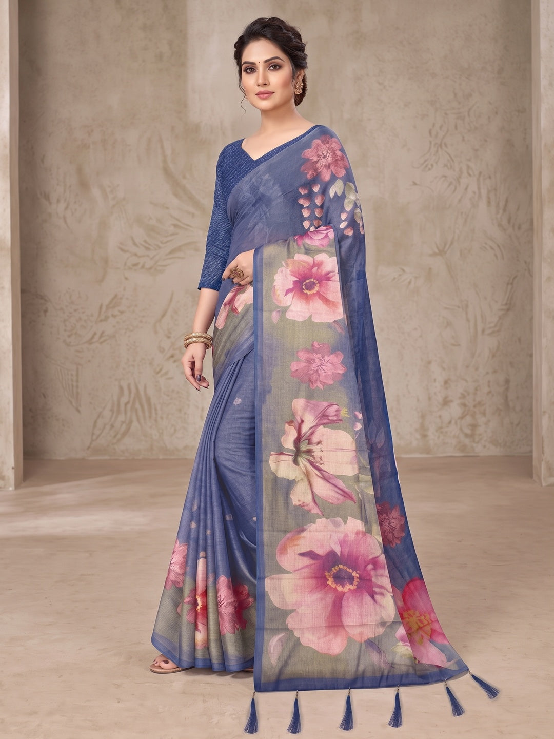 Peachmode Blue Digital Printed Tissue Cotton Saree - Image 5