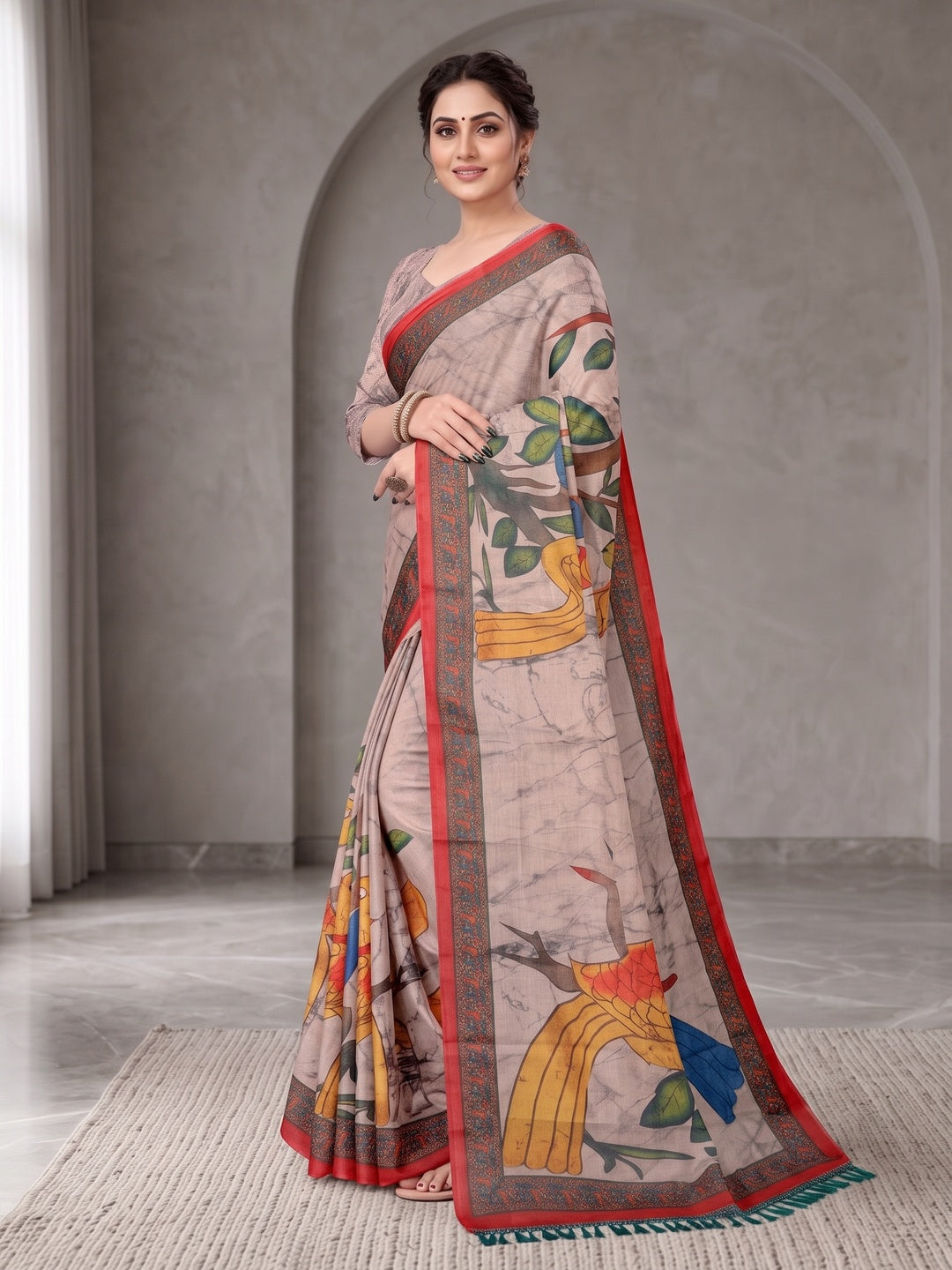 Peachmode Beige Digital Printed Tissue Cotton Saree - Image 5