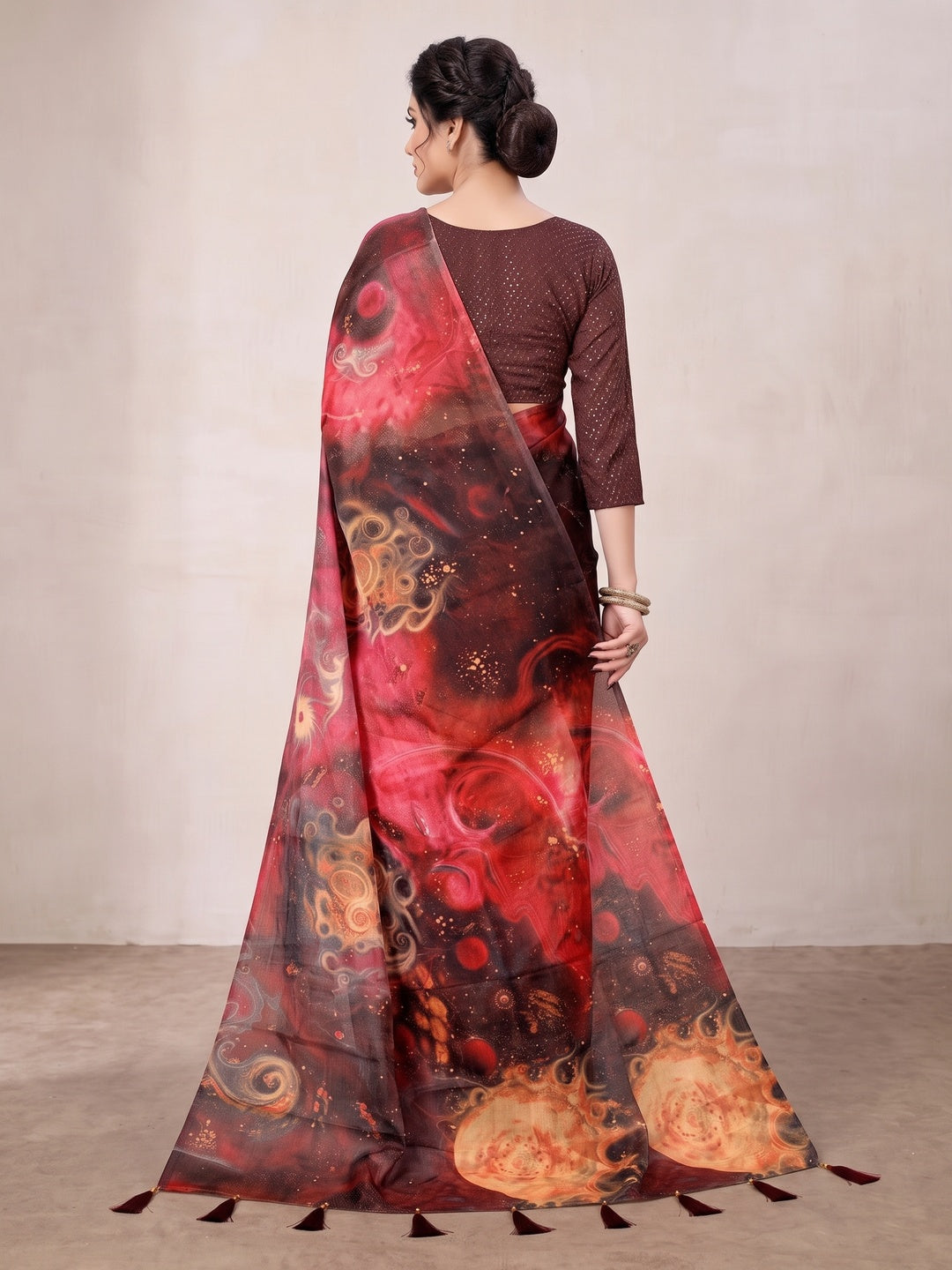 Peachmode Maroon Digital Printed Tissue Cotton Saree - Image 3