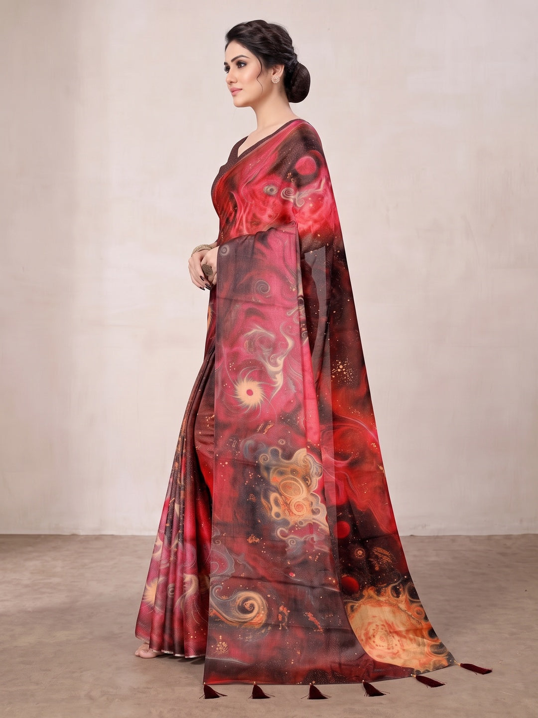 Peachmode Maroon Digital Printed Tissue Cotton Saree - Image 4