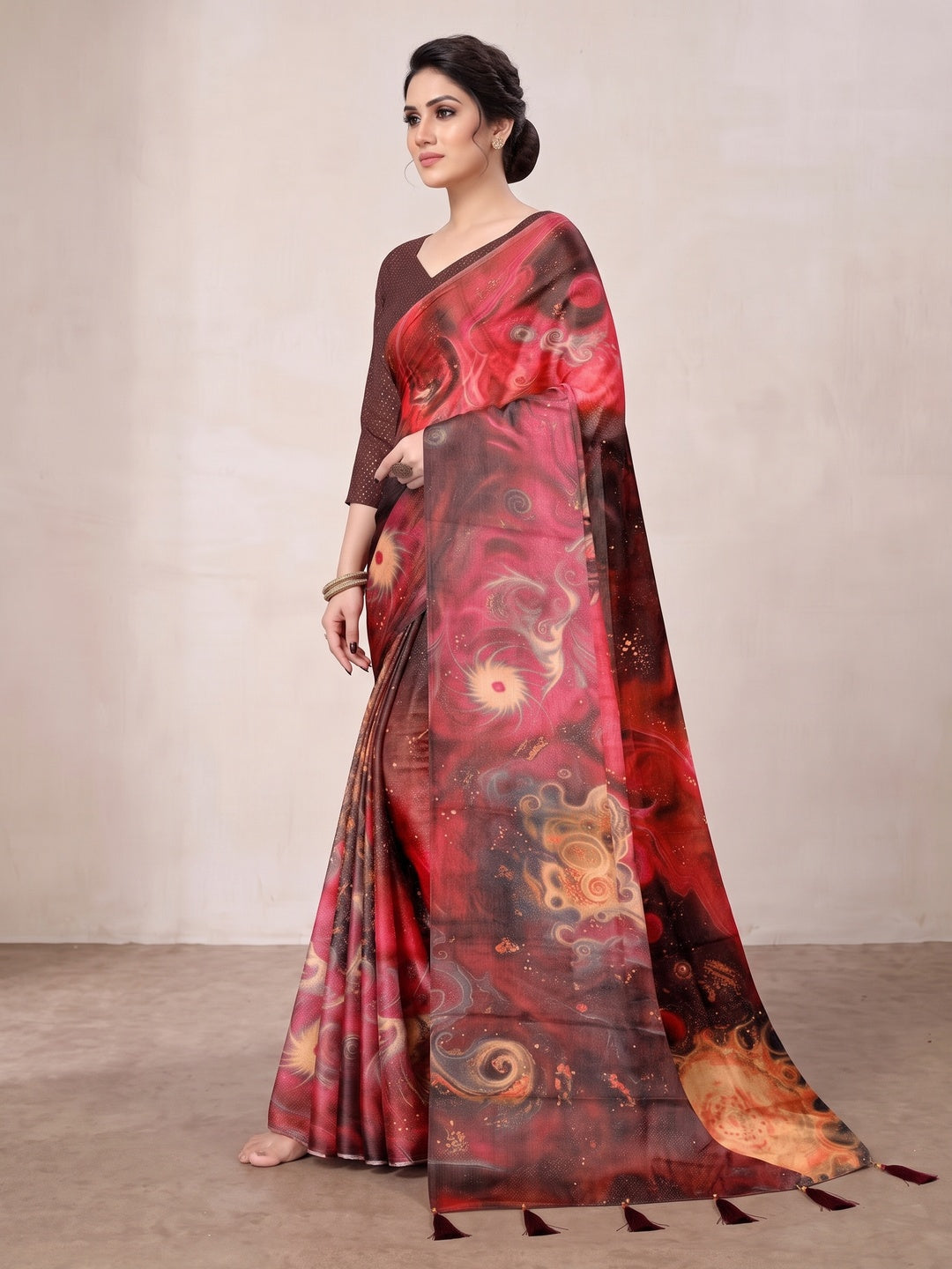 Peachmode Maroon Digital Printed Tissue Cotton Saree - Image 5