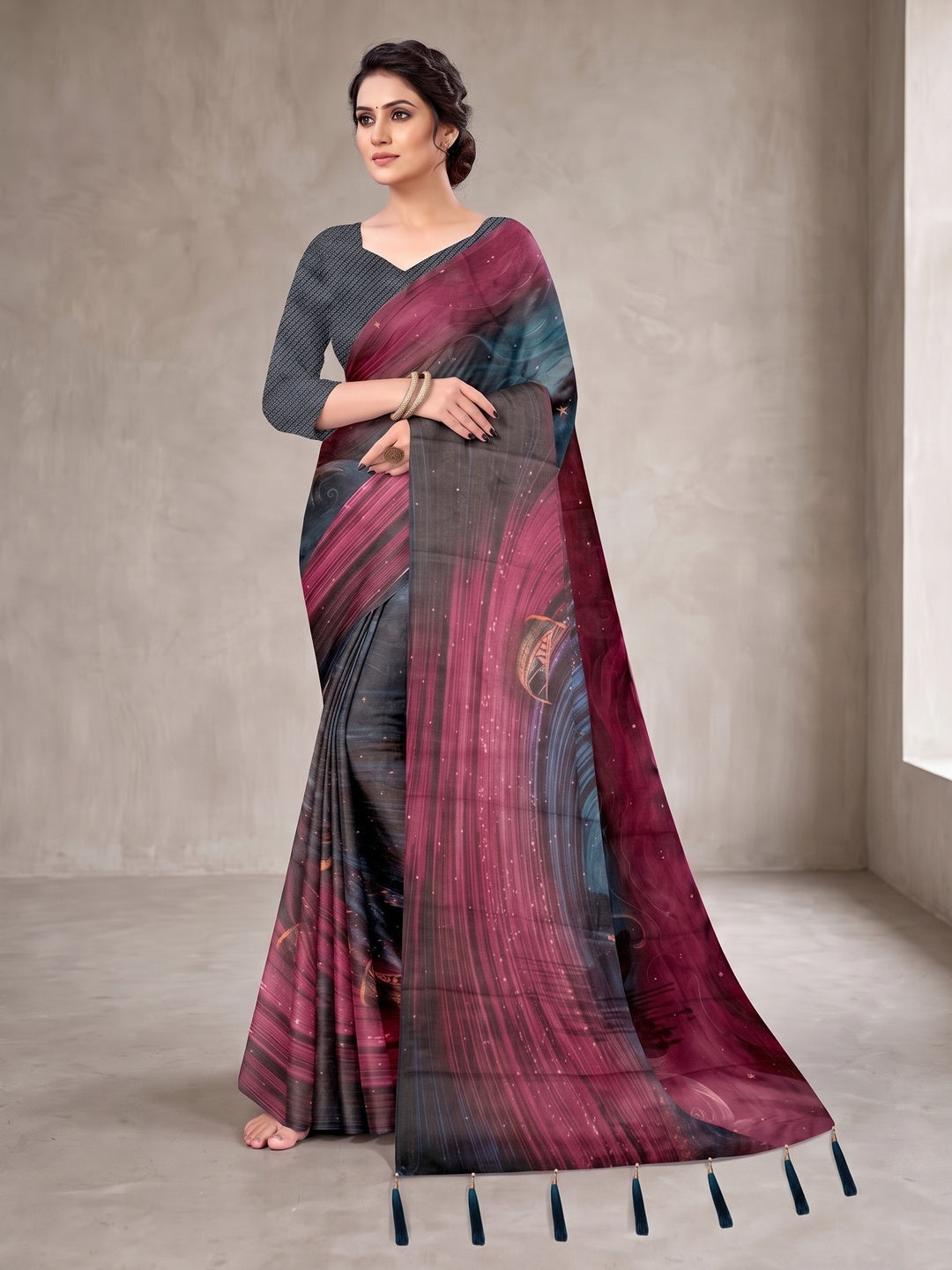 Peachmode Teal Digital Printed Tissue Cotton Saree - Image 2