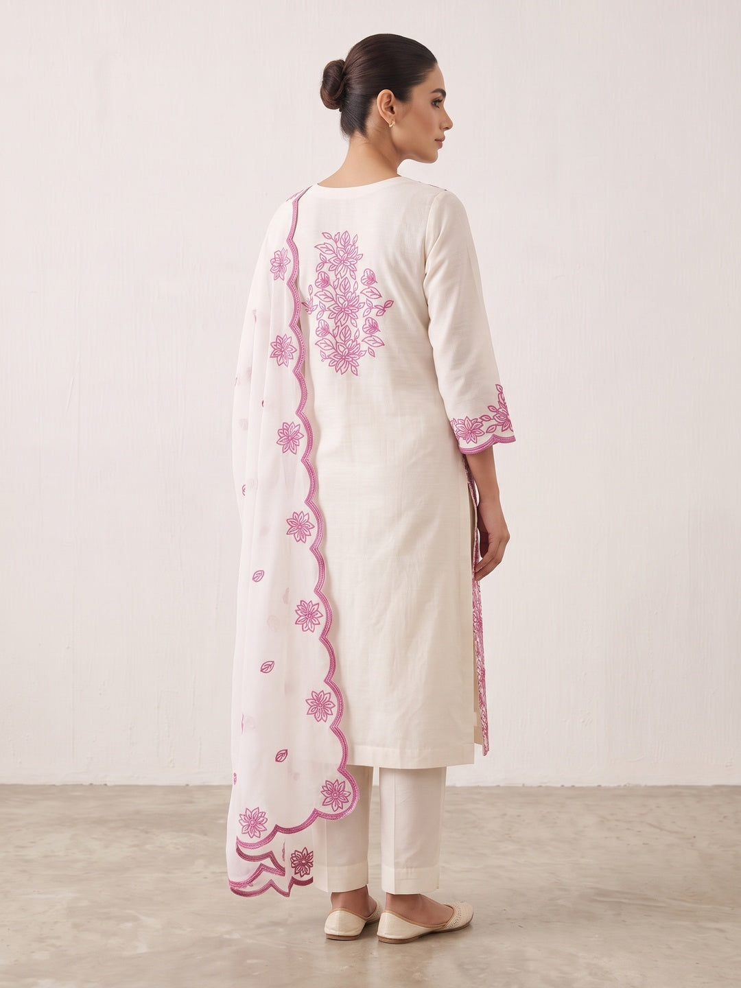 Peachmode Off White Pink Floral Embroidered Dress Material - Image 3