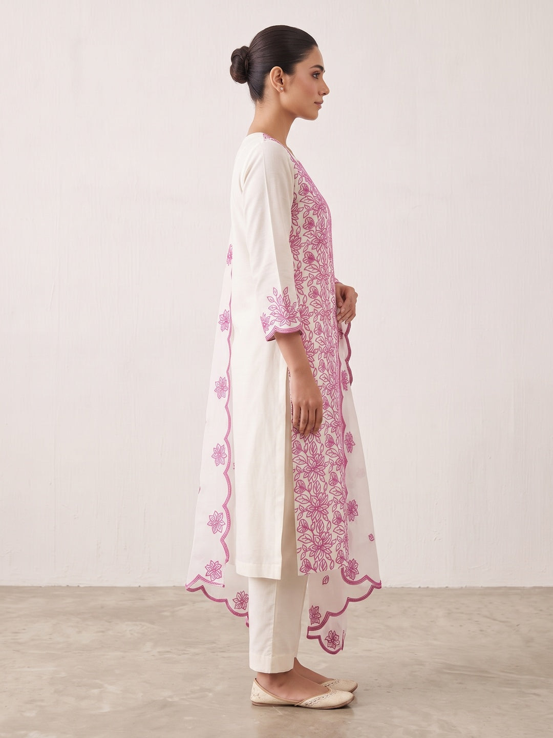 Peachmode Off White Pink Floral Embroidered Dress Material - Image 4