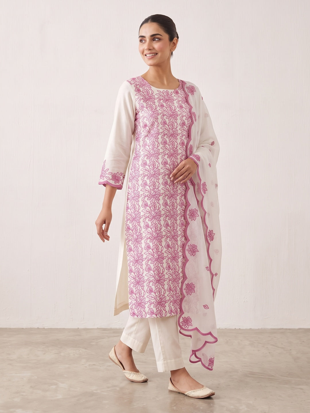 Peachmode Off White Pink Floral Embroidered Dress Material - Image 5