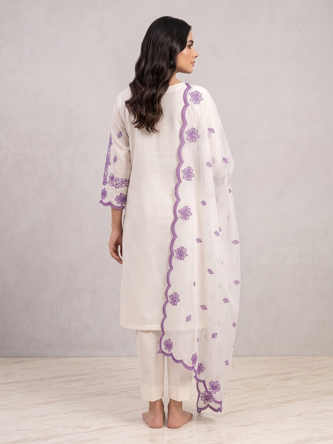 Peachmode Off White Purple Floral Embroidered Dress Material - Image 3