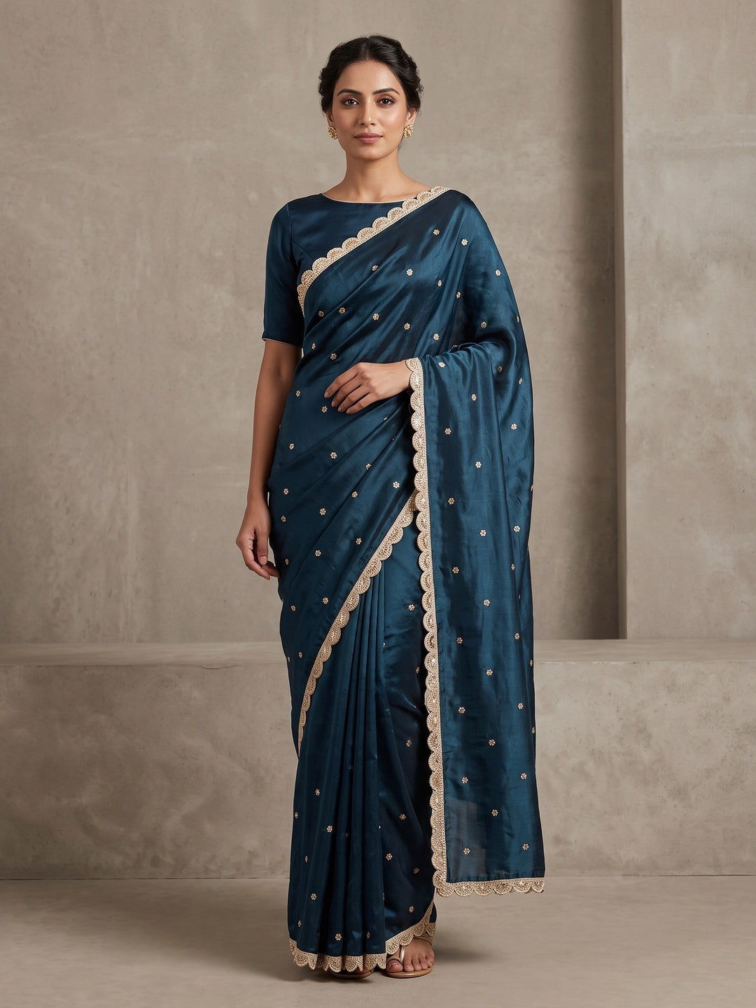 Peachmode Navy Blue Fendy Satin Embellished Saree - Image 1