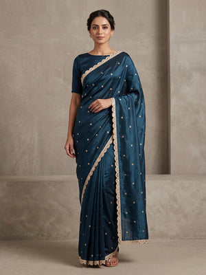 Peachmode Navy Blue Fendy Satin Embellished Saree - Image 1
