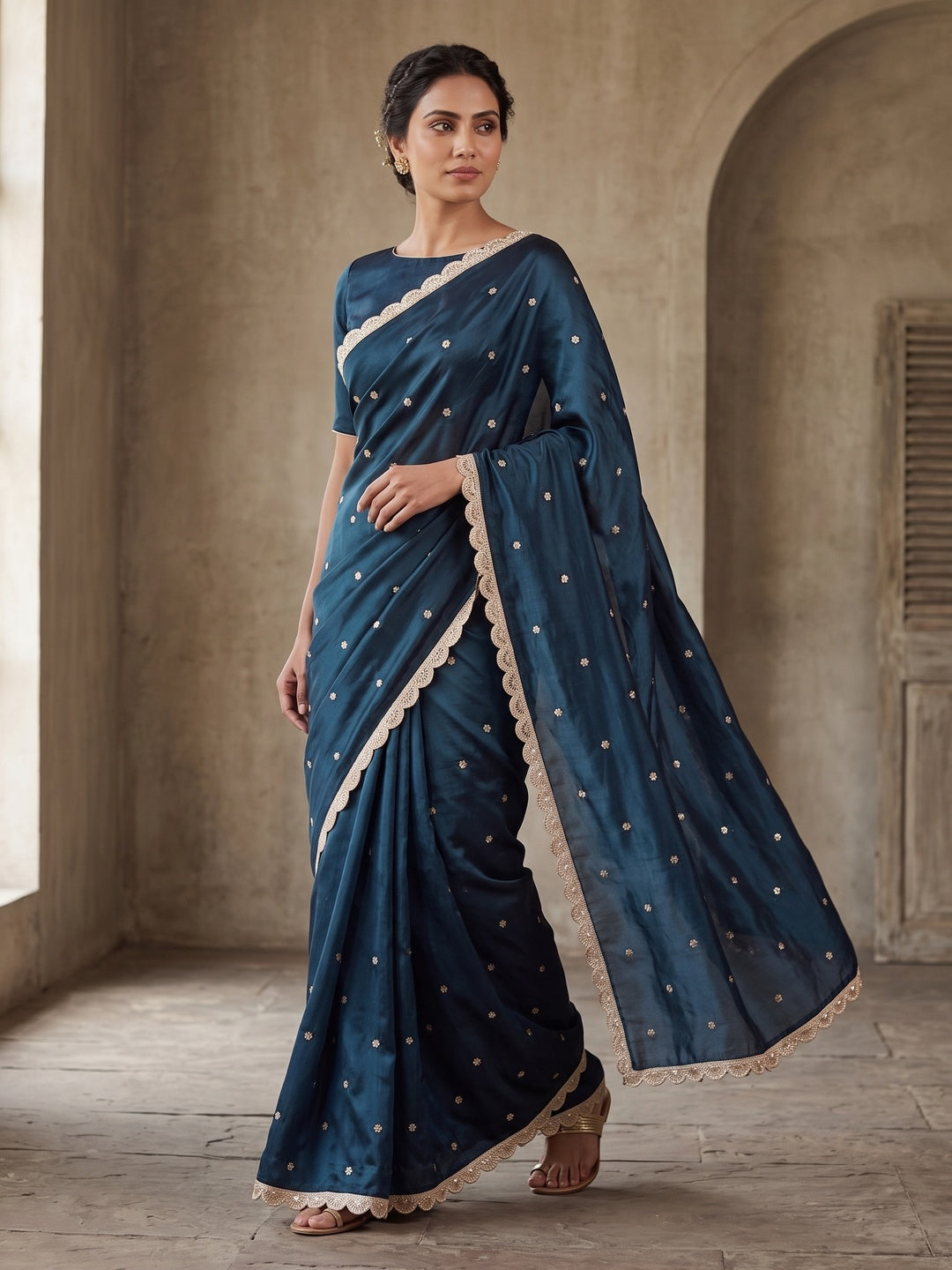 Peachmode Navy Blue Fendy Satin Embellished Saree - Image 5